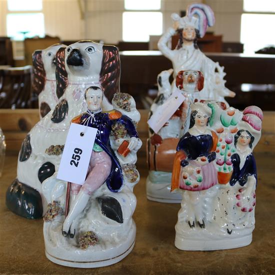 Staffordshire pottery group, 2 spaniels, Staffordshire flatback group